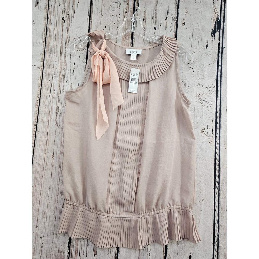 Ann Taylor Loft Blouse Womens S Taupe Solid Pleated Bow Sleeveless Bubble Hem